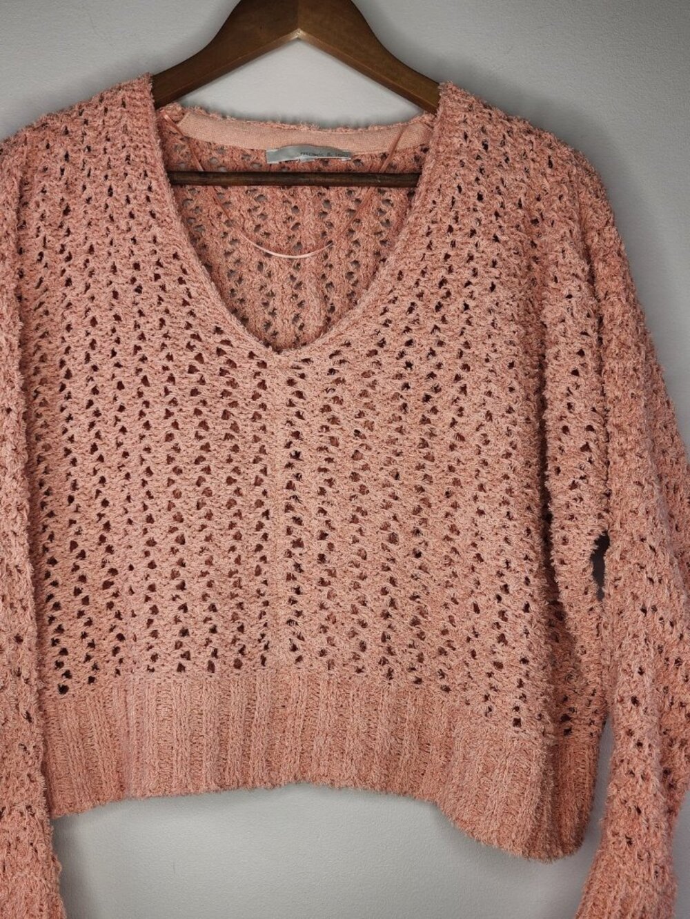 Monk & Lou Open Knit Cropped Sweater — Blush Pink, S | Crochet V-Neck